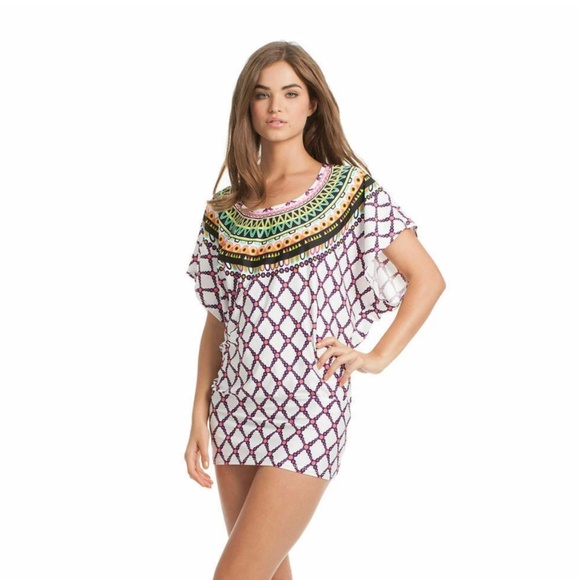 Trina Turk Women's Kon Tiki Colorful Print Swim Cover Up Tunic Beach Dress Large - Picture 2 of 14